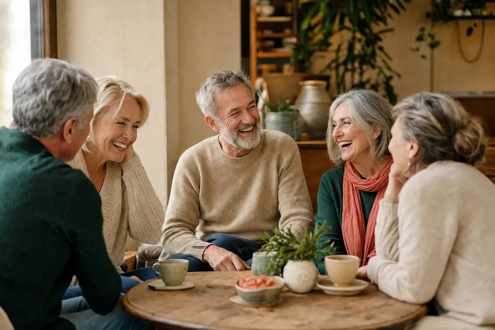 Mature friends laughing together over coffee